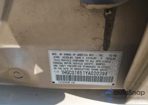 2000 Honda Accord 3.0 Ex from USA, damaged, VIN 1HGCG1651YA020394